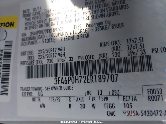 Ford FUSION SE 2014 3FA6P0H72ER189707 Image 9