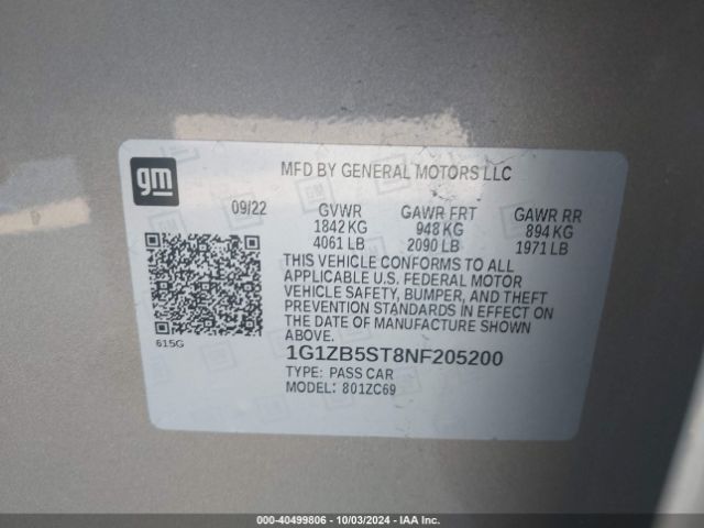 1G1ZB5ST8NF205200 Chevrolet Malibu Fwd Ls