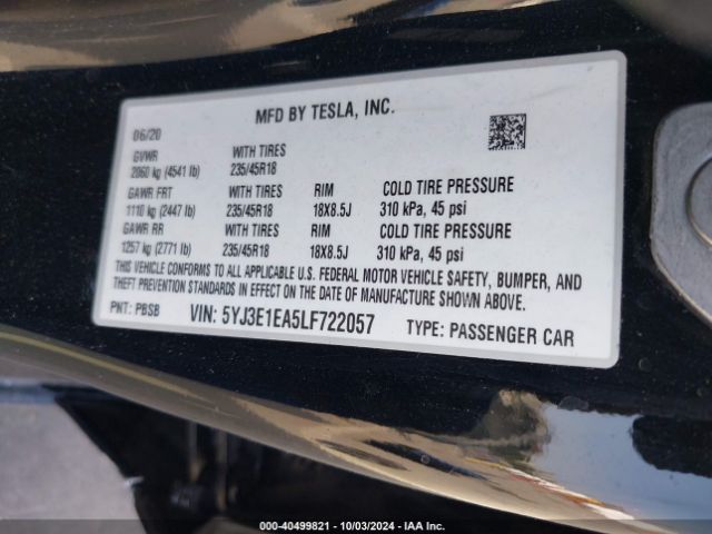 5YJ3E1EA5LF722057 Tesla Model 3 Standard Range Plus Rear-wheel Drive/standard Range Rear-wheel Drive