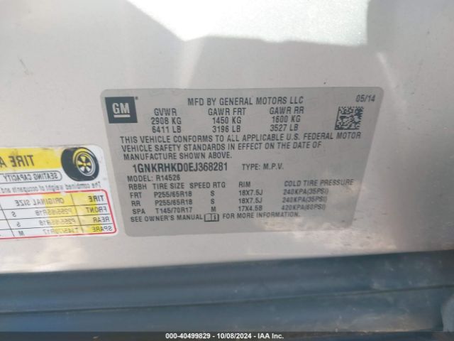 1GNKRHKD0EJ368281 Chevrolet Traverse 2lt