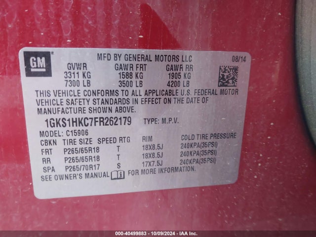 1GKS1HKC7FR262179 GMC Yukon Xl 1500 Slt