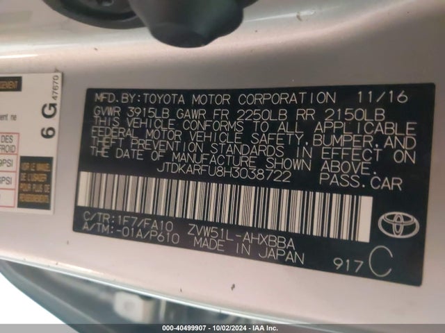 Toyota Prius Two Eco 2017 JTDKARFU8H3038722 Image 8
