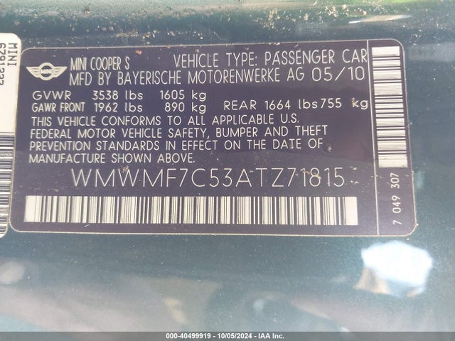 2010 MINI COOPER S WMWMF7C53ATZ71815 Photo 8