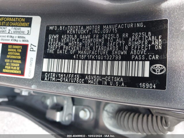 Toyota CAMRY SE 2016 4T1BF1FK1GU132799 Image 9