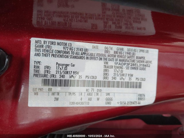 Ford FOCUS SE 2014 1FADP3F28EL318452 Image 9