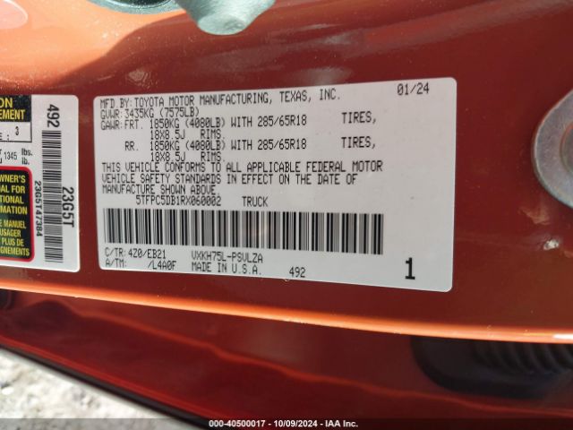 5TFPC5DB1RX060002 Toyota Tundra Hybrid Trd Pro