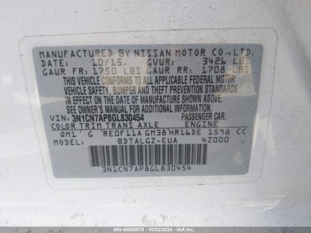 3N1CN7AP8GL830454 Nissan Versa 1.6 Sl
