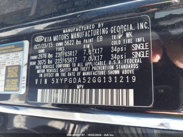 5XYPGDA52GG131219 KIA Sorento 3.3l Lx