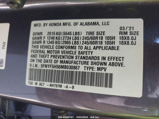 5FNYF5H56MB030867 Honda Pilot 2wd Ex-l