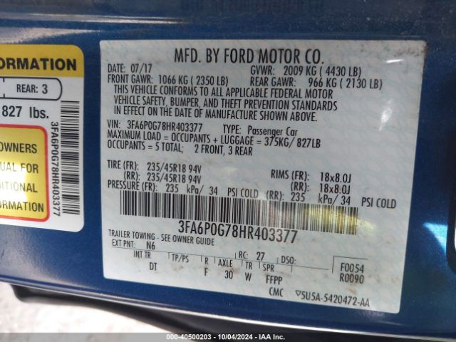 3FA6P0G78HR403377 Ford FUSION S