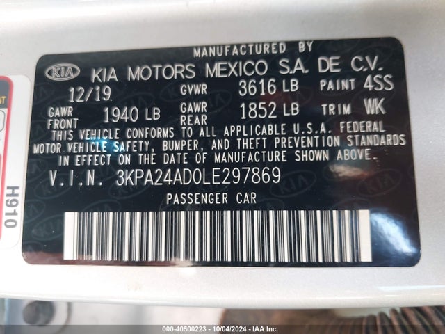 Продажа на аукционе авто 2020 Kia Rio Lx, vin: 3KPA24AD0LE297869, номер лота: 40500223
