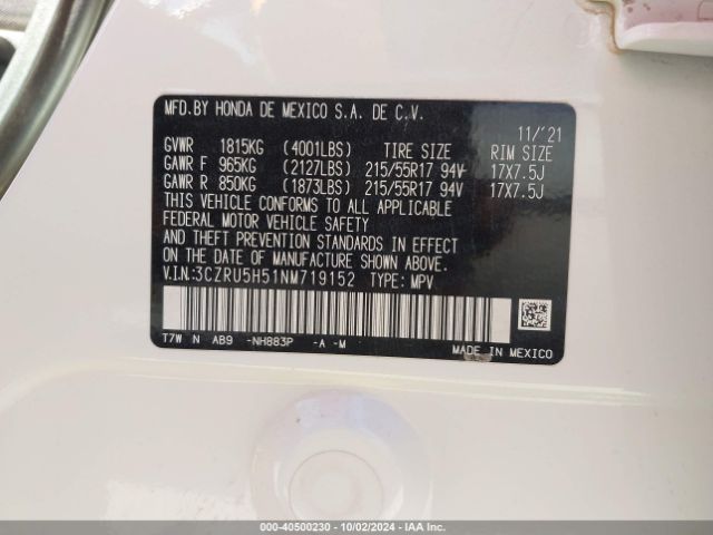 3CZRU5H51NM719152 Honda Hr-v 2wd Ex