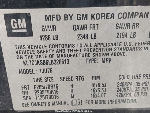 KL7CJKSB6LB320613 Chevrolet Trax Fwd Ls
