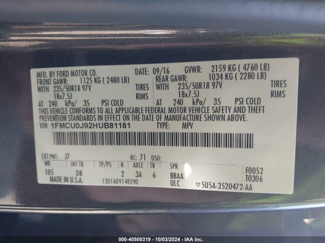 Ford Escape Titanium 2017 1FMCU0J92HUB81181 Image 9