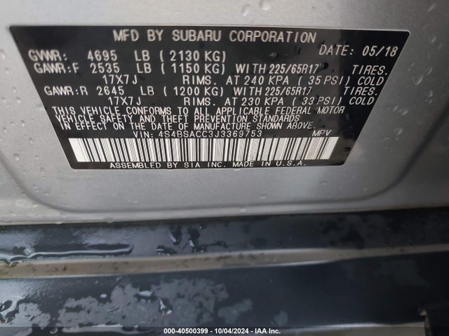 Subaru Outback 2.5i Premium 2018 4S4BSACC3J3369753 Image 9