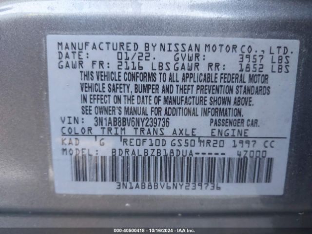 3N1AB8BV6NY239736 Nissan Sentra S Xtronic Cvt