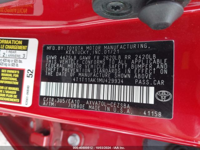 4T1T11AK1MU429934 Toyota CAMRY SE