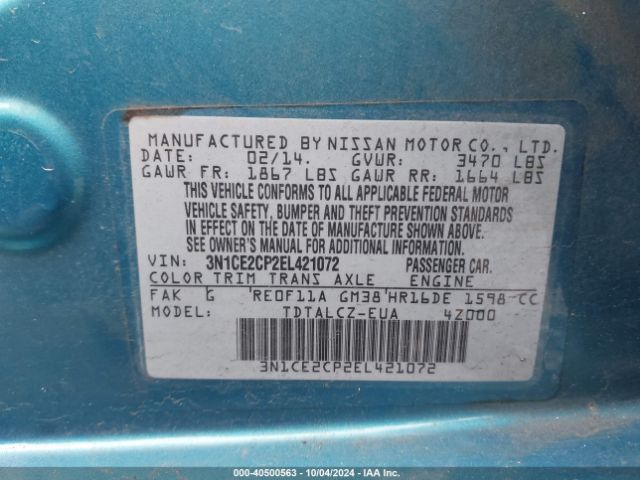 3N1CE2CP2EL421072 Nissan Versa Note S Plus