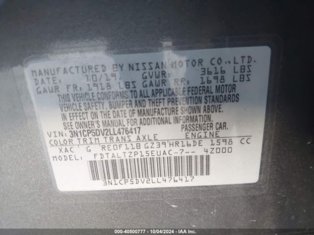 3N1CP5DV2LL476417 Nissan Kicks Sr Xtronic Cvt