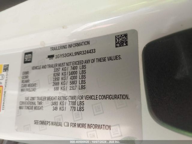 1GYS3GKL9NR324433 Cadillac Escalade 2wd Sport Platinum