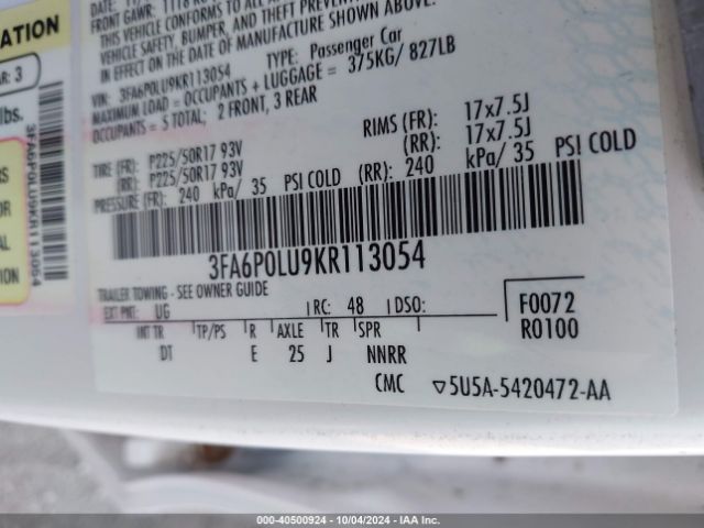 3FA6P0LU9KR113054 Ford Fusion Hybrid Se
