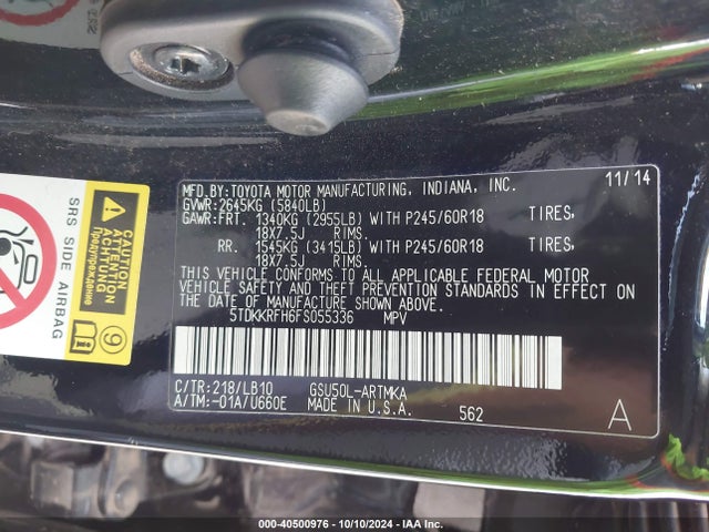 Toyota Highlander Xle V6 2015 5TDKKRFH6FS055336 Image 9
