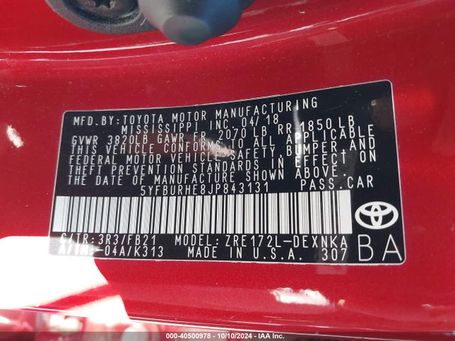 Toyota COROLLA LE 2018 5YFBURHE8JP843131 Image 9