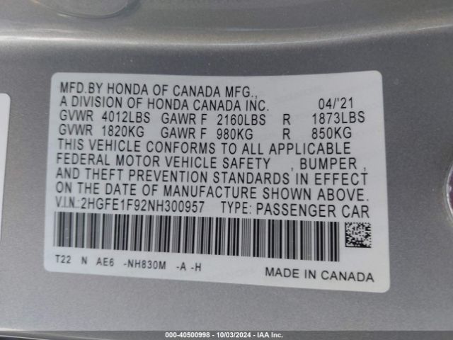 2HGFE1F92NH300957 Honda Civic Touring
