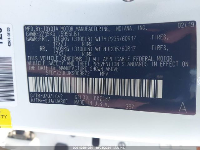 5TDYZ3DC3KS009872 Toyota Sienna Xle 8 Passenger