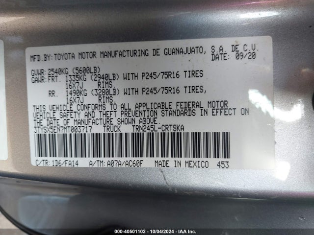 Toyota Tacoma Sr 2021 3TYSX5EN7MT003717 Image 9