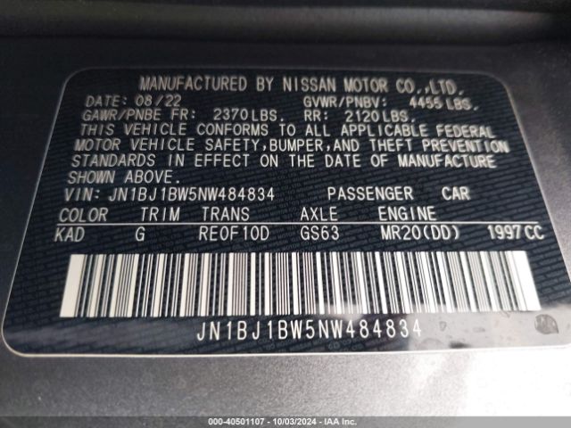 JN1BJ1BW5NW484834 Nissan Rogue Sport Sv Awd Xtronic Cvt