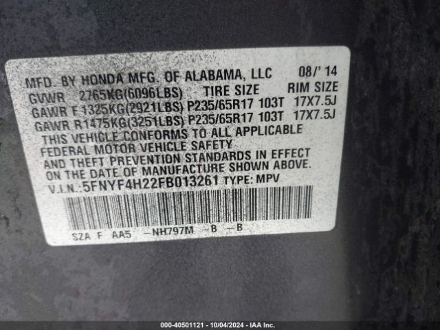5FNYF4H22FB013261 Honda PILOT LX
