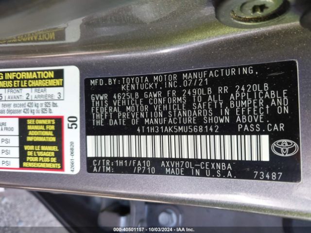 4T1H31AK5MU568142 Toyota Camry Le Hybrid