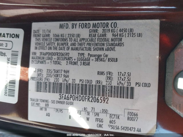Ford FUSION SE 2015 3FA6P0HD0FR206592 Image 9