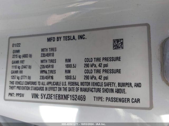 5YJ3E1EBXNF152469 Tesla Model 3 Long Range Dual Motor All-wheel Drive