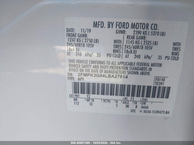 Ford EDGE SE 2020 2FMPK3G94LBA27814 Image 9