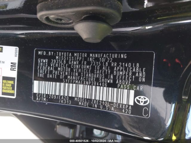 5YFFPMAEXNP384406 Toyota Corolla Xle