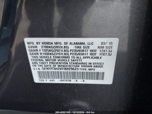 5FNYF3H2XFB029623 Honda PILOT LX