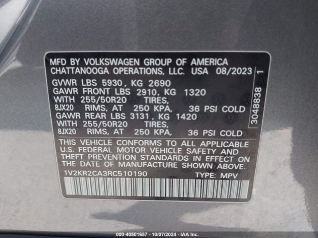 1V2KR2CA3RC510190 Volkswagen Atlas 2.0t Se W/technology