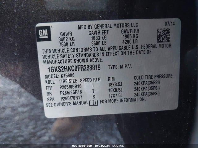 1GKS2HKC0FR238819 GMC Yukon Xl 1500 Slt