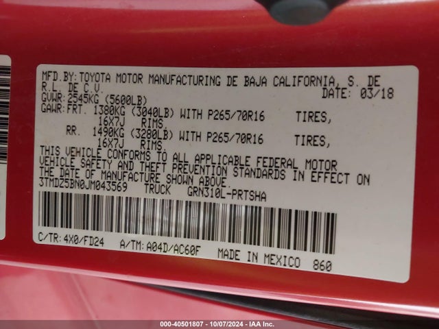 3TMDZ5BN0JM043569 Toyota Tacoma Trd Off Road
