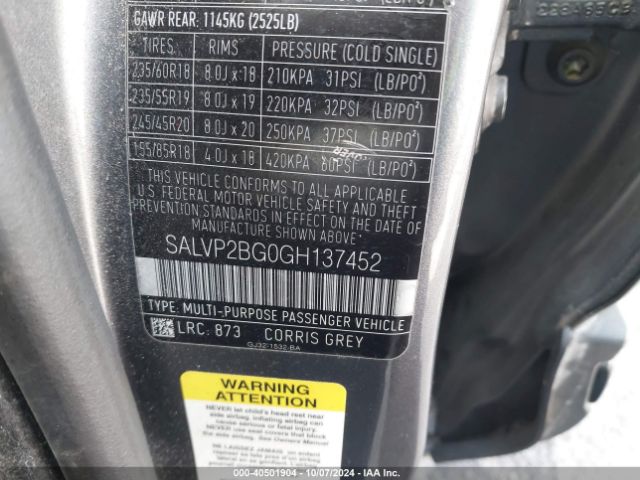 SALVP2BG0GH137452 Land Rover Range Rover Evoque Se/se Premium