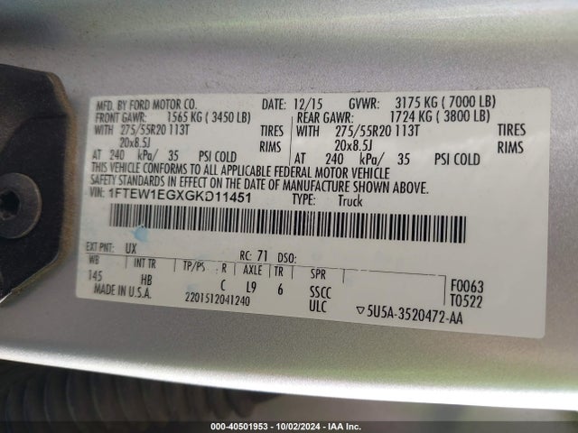 Ford F-150 Lariat 2016 1FTEW1EGXGKD11451 Image 9
