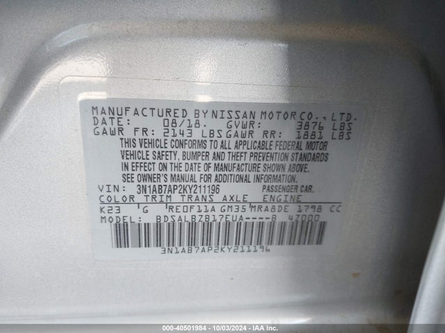 Nissan SENTRA S 2019 3N1AB7AP2KY211196 Image 9