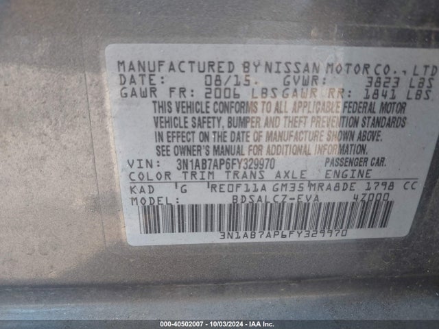Nissan SENTRA S 2015 3N1AB7AP6FY329970 Image 9