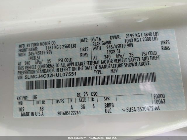5LMCJ4C92HUL07551 Lincoln Mkc Black Label
