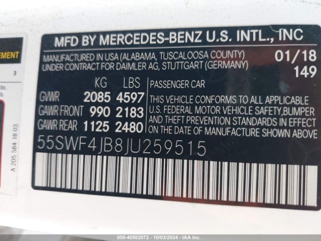55SWF4JB8JU259515 Mercedes-Benz C 300