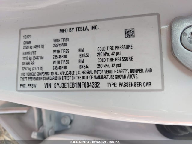 2021 TESLA MODEL 3 5YJ3E1EB1MF094332 Photo 8