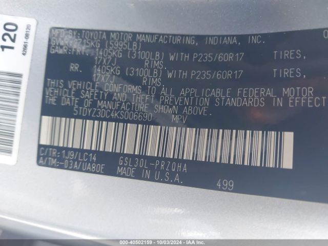 5TDYZ3DC4KS006690 Toyota Sienna Xle 8 Passenger