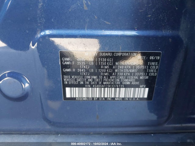 Subaru Outback 2.5i Premium 2019 4S4BSAFC5K3376135 Image 9